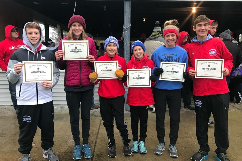 Patriot cross-country runners earning All-Mid-State Conference awards, from left: Jesse Clausen, Ellie Flaws, Carly Chaney, Calia Chaney, Rian Zutter and Ethan Johnson. Johnson, Zutter and the Chaneys were named to the all-conference team for their performances throughout the season, while Flaws and Clausen were honorable mentions.