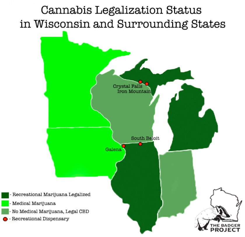 A graphic of cannabis legalization status in the Midwest