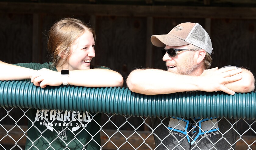 Northwood/Solon Springs’ Zoey Vaara, left, talks to her coach Dale Rajala
