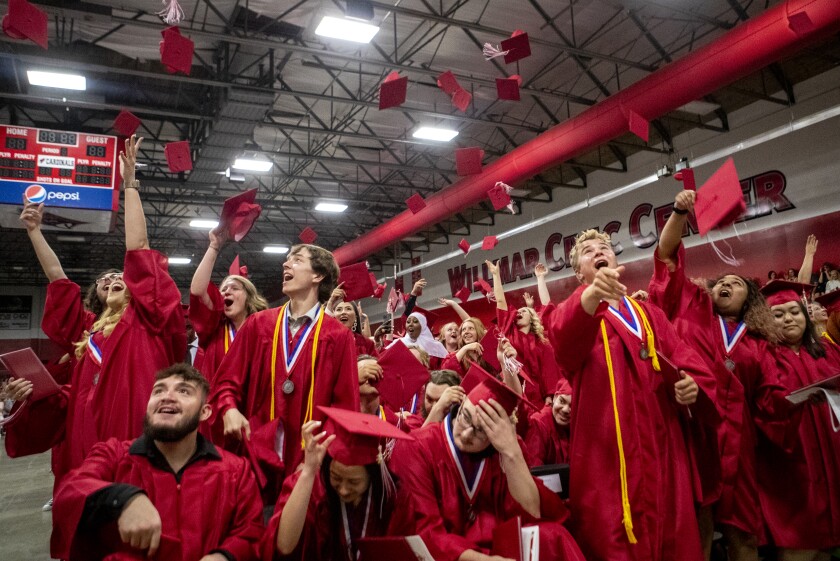 Graduating seniors toss their caps high into the air following the Willmar High School Class of 2022 commencement ceremony at the Willmar Civic Center on Sunday, June 5, 2022.