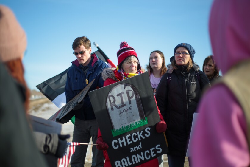 Protesters gathered Monday, Jan. 12, 2026, near the site of construction on a data center near Harwood, North Dakota. Vice President JD Vance had been rumored to be visiting the site.