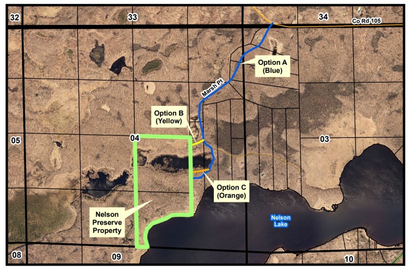 A map showing options for a petitioned cartway in Crow Wing County