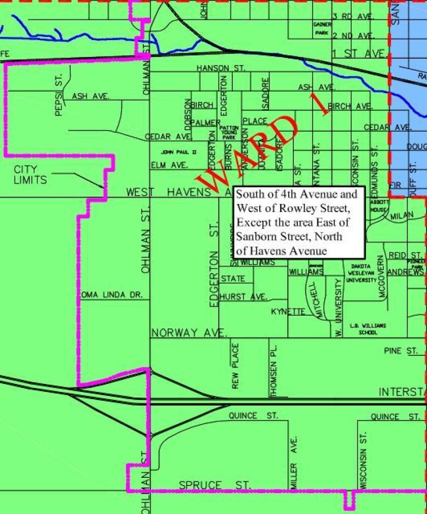 A map of Ward 1 in the city of Mitchell.