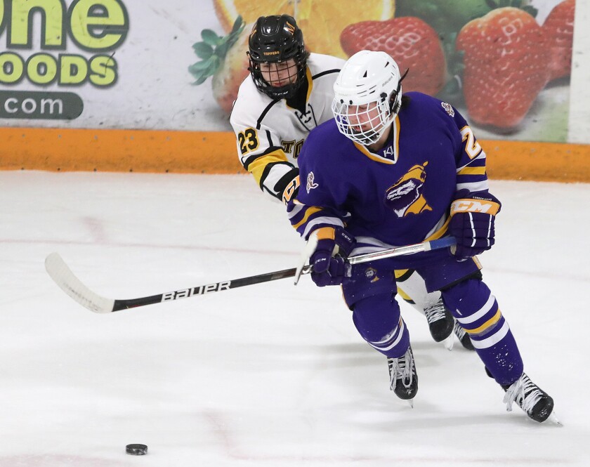 Cloquet-Esko-Carlton’s Cooper Ellena (2) keeps the puck away from Duluth Marshall’s Garrett Olek (23)