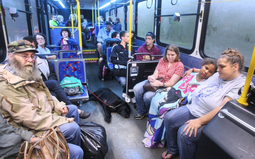 A large number of people sitting inside a bus