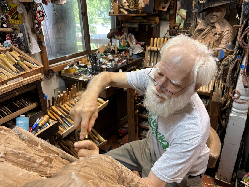 Fred Cogelow said he hopes the proposed Cogelow Arts Center serves to enhance appreciation of woodcarving and help emerging and area artists in the area. He is shown at work in his studio in Willmar on Sept. 9, 2026.
