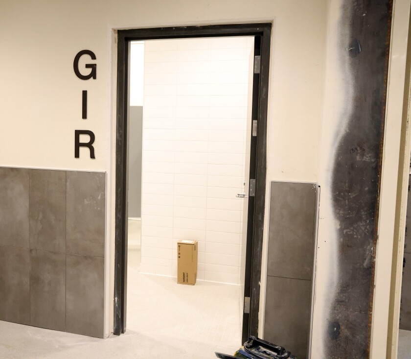 A girls' restroom near the gymnasium in the Intermediate School still needs some final touch-up work, as seen on Friday, June 10, 2022, but the move-in process has begun.