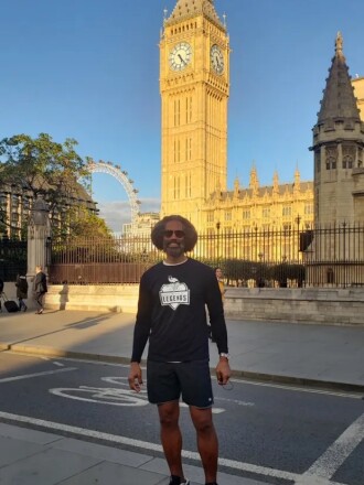 Former Minnesota Vikings tight end Steve Jordan in front of the London Eye, Big Ben and Houses of Parliament in London on Sept. 29, 2022. Jordan played for the Vikings in the first NFL game in London, a 1983 exhibition between the Vikings and the St. Louis Cardinals, and he will be in the stands for the Oct. 2, 2022 game between the Vikings and the New Orleans Saints. Jordan’s son, Cameron Jordan, is a star defensive end for the Saints.