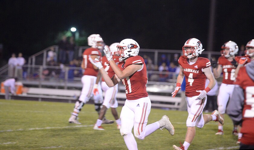 Willmar junior linebacker Mattix Swanson celebrates after recovering a fumble late in the second quarter of a Week 4 game against Sartell on Friday, Sept. 24, 2021, at Hodapp Field in Willmar.