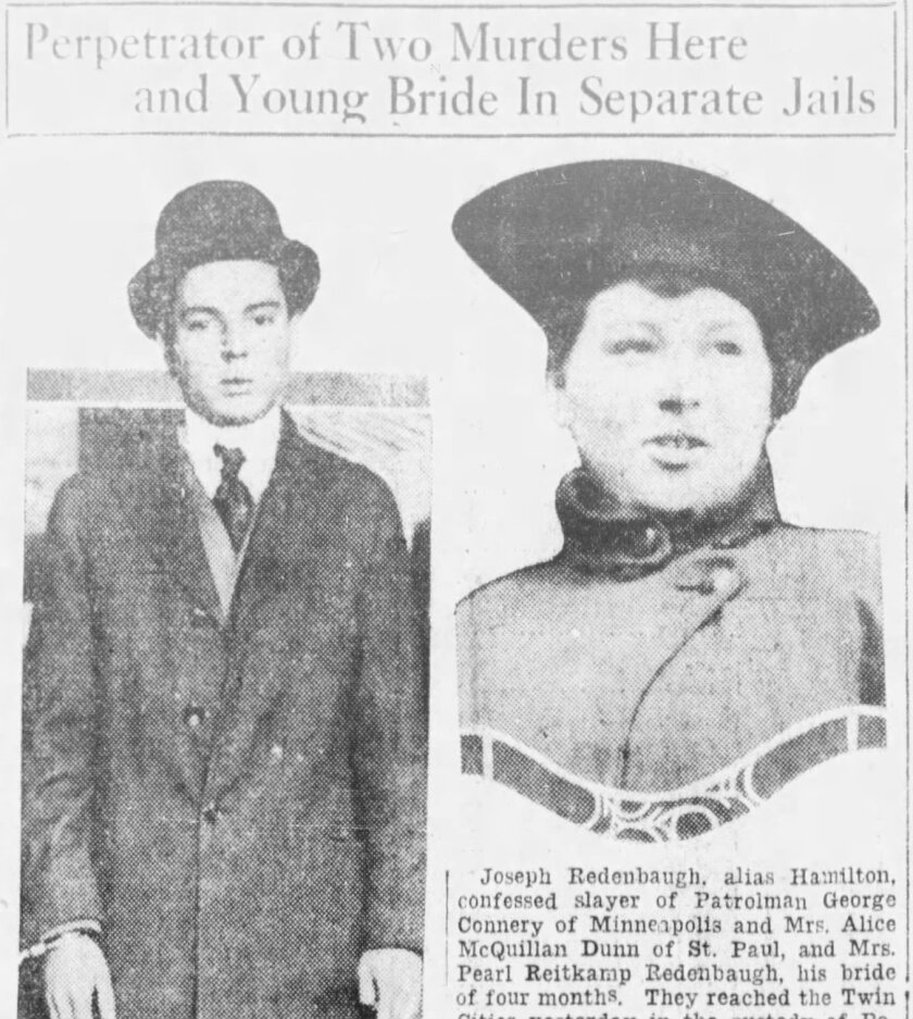 a historical newspaper clipping shows two people, a young man and a young woman, in separate photos