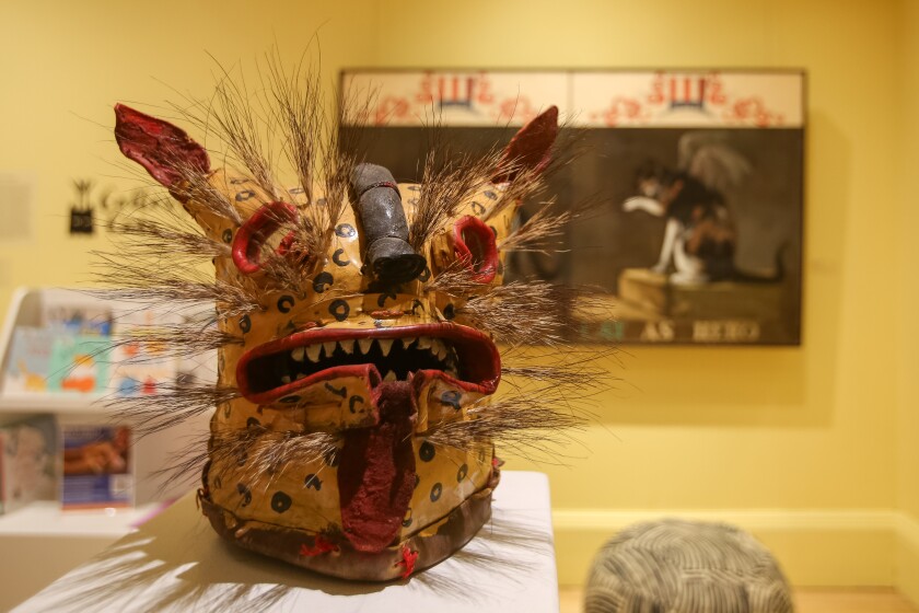 The Rourke Art Gallery + Museum is featuring an exhibition in the children's gallery of cat art. This mask is from the permanent collection of the RAGM Gift of Joel Hegerle, 2019.  A mask made of leather, boar hair and mirrors for eyes.