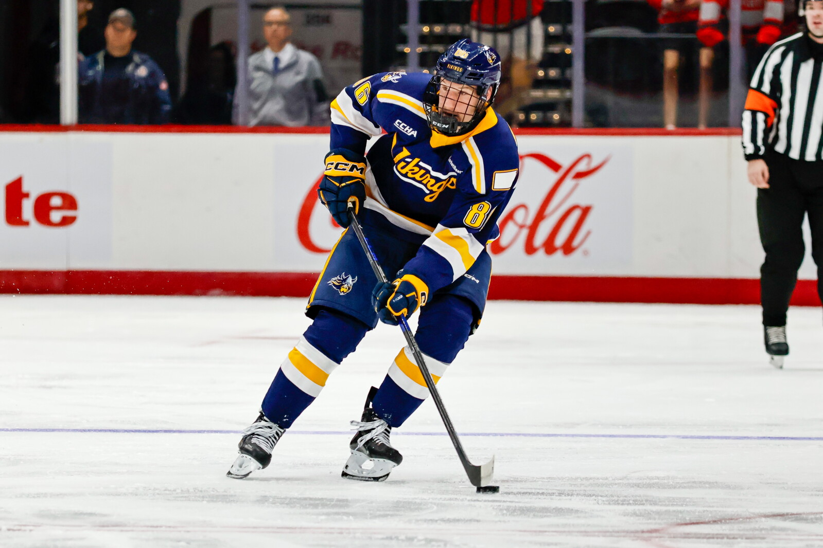 Photo: siouxfallslive.com Augustana's Nace Langus skates with the puck against Ohio State on Friday, Oct. 23, 2026, at the Schottenstein Center in