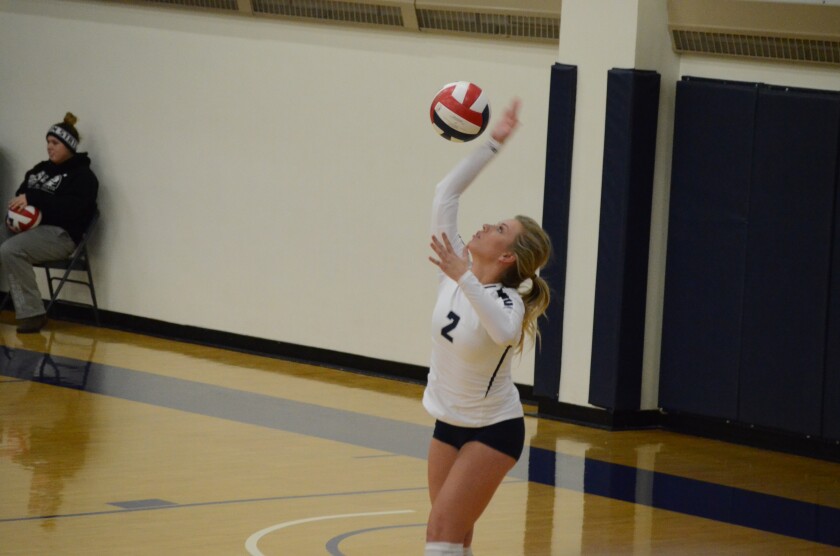 Dickinson State junior libero Alli Hert serves the ball against Mayville State on Friday, Nov. 3, at Scott Gymnasium. (Shelby Reardon / The Dickinson Press)