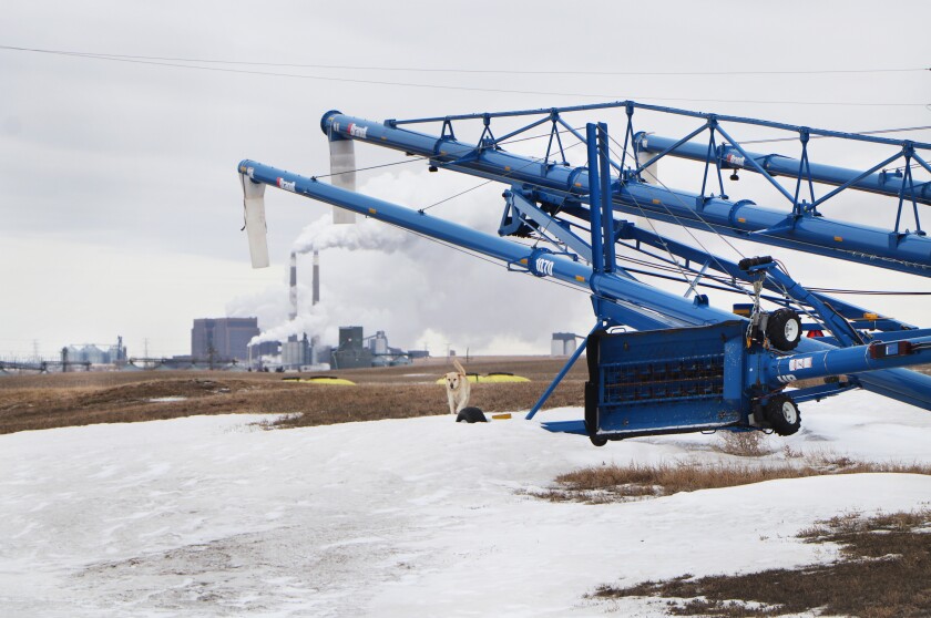Three large blue grain conveyors from Pfaff Farms stand, flanked by a large coal-fired electrical generation facility, and the Blue Flint Ethanol plant.