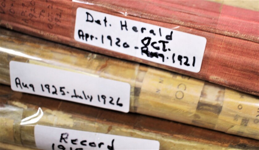 Bound books of newspaper archives dating back to the 1800s are stored at the Detroit Lakes Tribune newspaper office.