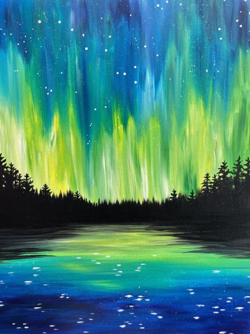 Painted image of northern lights, visible above a fir-lined lake.