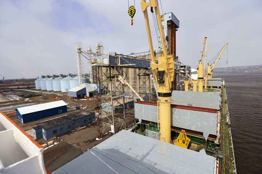 The 624-foot long bulk carrier, Resko, the first saltie to visit the Twin Ports in 2022, hosts ceremony.