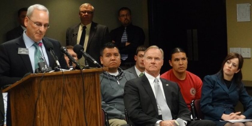 UND's Kelley listens as Rep. Laffen testifies
