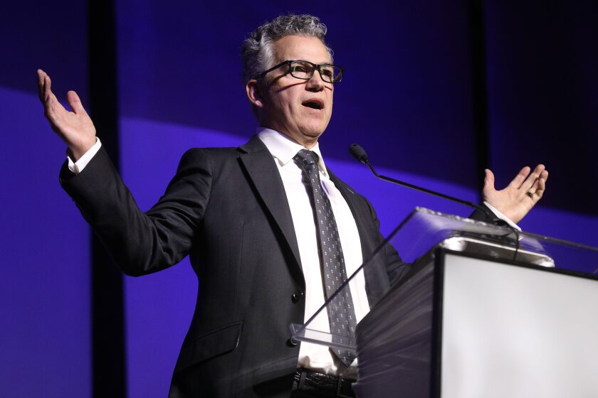 State Rep. Rick Becker delivers a speech to delegates in support of his campaign for the U.S. Senate at the NDGOP's 2022 state convention in Bismarck, North Dakota, April 2, 2022.
