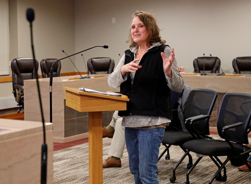 Sheila Haverkamp addresses the Brainerd Planning Commission.