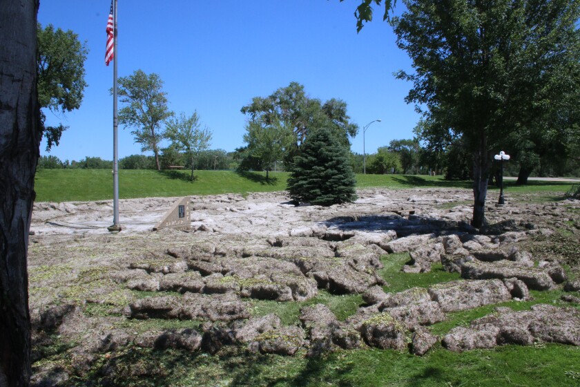 Following a storm in Chamberlain on Wednesday morning, Barger Park is covered ice blocks from in hail. (Ellen Bardash / Republic)