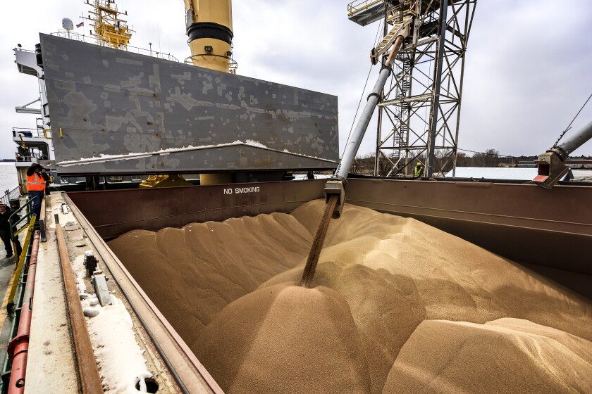 The 624-foot long bulk carrier, Resko, the first saltie to visit the Twin Ports in 2022, hosts ceremony.