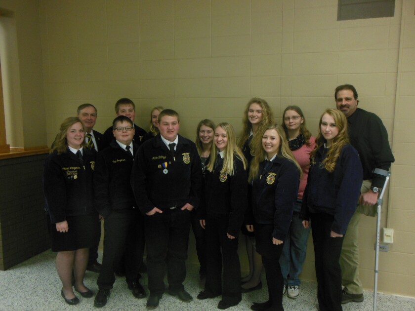 Mitchell FFA members welcomed Dr. Steve Brown to South Dakota and to Mitchell MCTEA during National FFA Week, which was Feb. 20-27. Pictured, front row left to right: Johnna Jorgensen, Clay Jorgensen, Micah DiPippo, Leah DiPippo, Lily Hoffman, Rachel Robertson. Back row: Dr. Steve Brown, Lane Jorgensen, McKenzie Patton, Shelby Riggs, Ally Goldammer, Jennifer Beinlich and adviser Jeff Hoffman. (Photo courtesy of Jeff Hoffman)