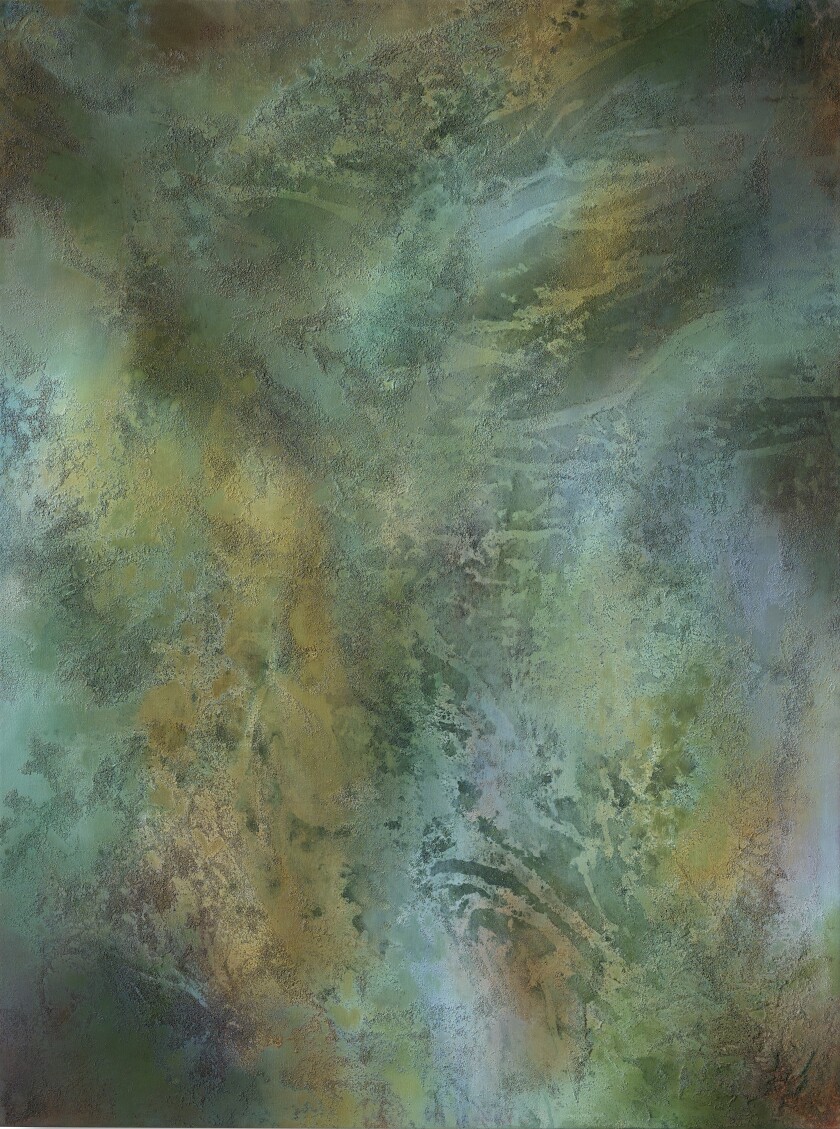 Abstract painting rendered in intersecting washes of gold and green, with underlying patches of dark sediment.