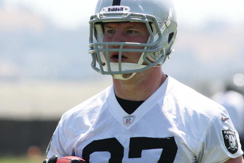 Oakland Raiders tight end and Bemidji State alumnus Brian Leonhardt runs drills during spring OTAs earlier this year. Leonhardt, in his second year as a member of the Raiders, was listed as the No. 3 tight end on the depth chart in advance of Oakland's first preseason game against the Minnesota Vikings today in Minneapolis. Tony Gonzales | Raiders.com