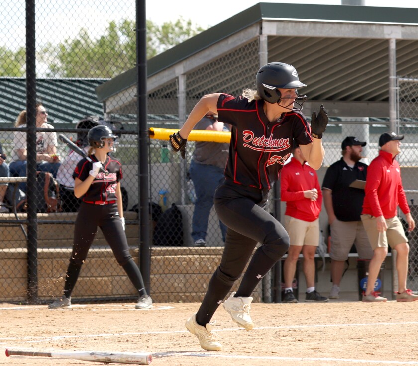 Edgerton /SWMC Dutchmen Paris Van Dyke (23) sprints after she hit a line drive to take her to second base during 3A softball finals against Lac qui Parle Valley Eagles Thursday in Marshall.