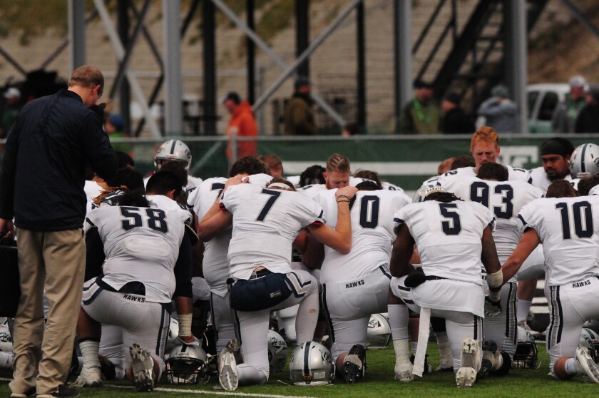 Dickinson State gathers after their 2016 season-ending loss to Montana Tech, a team that's bested them in the first round of playoffs in two consecutive years. (Press File Photo)