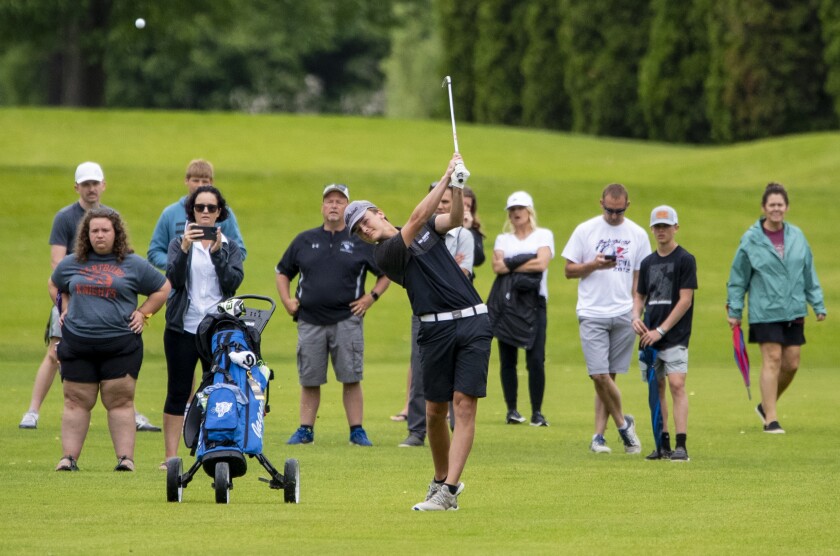 Gannon Walsh of BBE hits his ball down the fairway while competing in the state Class A golf tournament at Pebble Creek Golf Course on Wednesday, June 15, 2022.