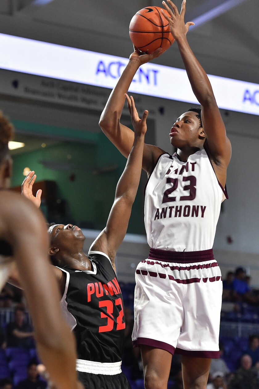 St Anthony Yellowjackets (Texas) forward Charles Bassey (23) shoots the ball against Putnam Science (Conn.) during the City of Palms Classic Dec. 18 in Fort Myers, Florida. (Jasen Vinlove/USA TODAY Sports)