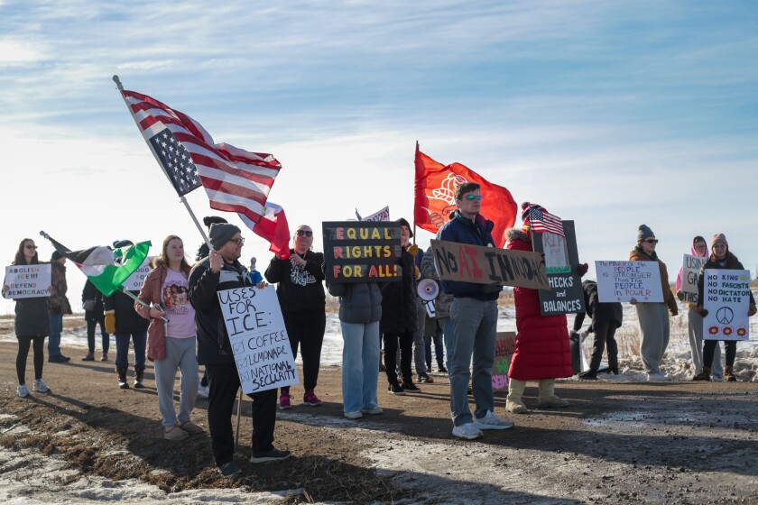 Protesters gathered Monday, Jan. 12, 2026, near the site of construction on a data center near Harwood, North Dakota. Vice President JD Vance had been rumored to be visiting the site.