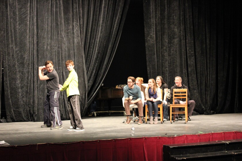 Michael Marcotte (as Whizzer, left), Timmy Hennessy (Jason), Cody Gerszewski (Mendel), Abbey Immer (Cordelia), Mackenzie Teepen (Trina), Emily Johnson (Dr. Charlotte) and Darin Kerr (Marvin) star in the musical "Falsettos," which is being staged at the Empire Arts Center this weekend and next. (Submitted photo)