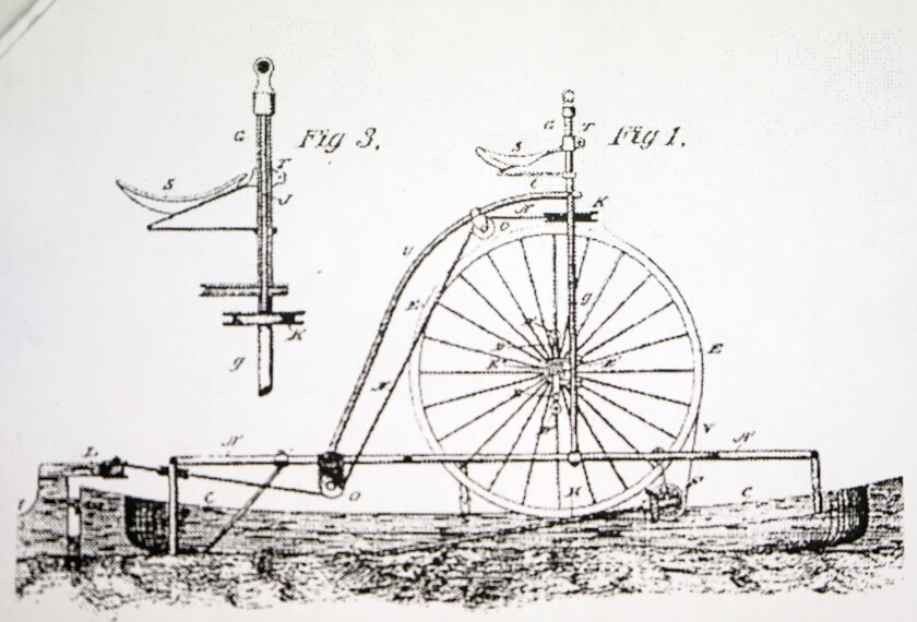 A rendering of Myron Coloney's "marine velocipede." Patented in 1880.