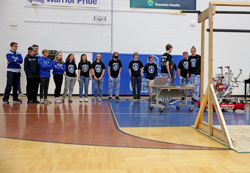 The Brainerd High School robotics team shows off the robot they built at a pep fest Friday, May 20, 2022, at the BHS gym.