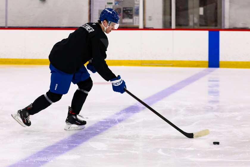 Teddy Lechner skates with the puck during the Colorado Avalanche's development camp Tuesday, June 30, 2026, at the Family Sports Center in Centennial, Colo.