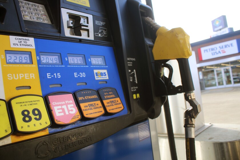 A gas pump has choices of  ethanol options for motorists. 