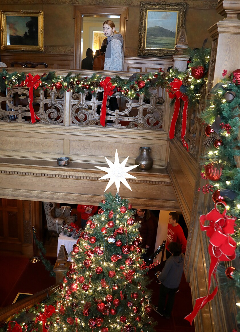 Superior High School student Carissa Vagt walks past the large tree near the stairs at Glensheen Mansion