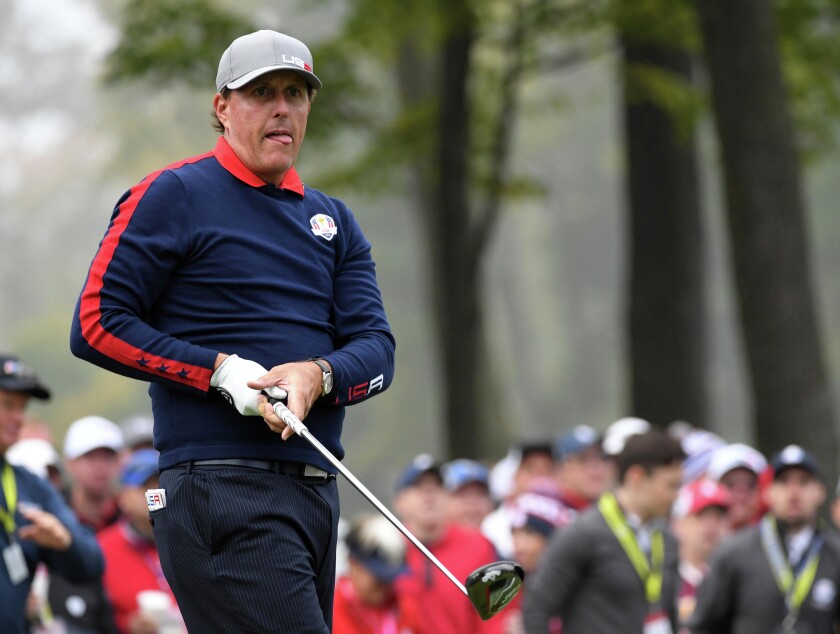 Sep 30, 2016; Chaska, MN, USA; Phil Mickelson of the United States plays his shot from the sixth tee in the morning foursome matches during the 41st Ryder Cup at Hazeltine National Golf Club. Mandatory Credit: Michael Madrid-USA TODAY Sports