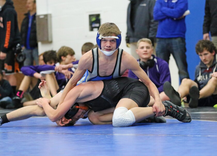 Brainerd's Atlie Danielson wrestles Dusty Wilke of Grand Rapids in the 120-championship match during the Paul Bunyan Invitational at Brainerd High School Saturday, Dec. 8. Kelly Humphrey / Brainerd Dispatch - Gallery and Video