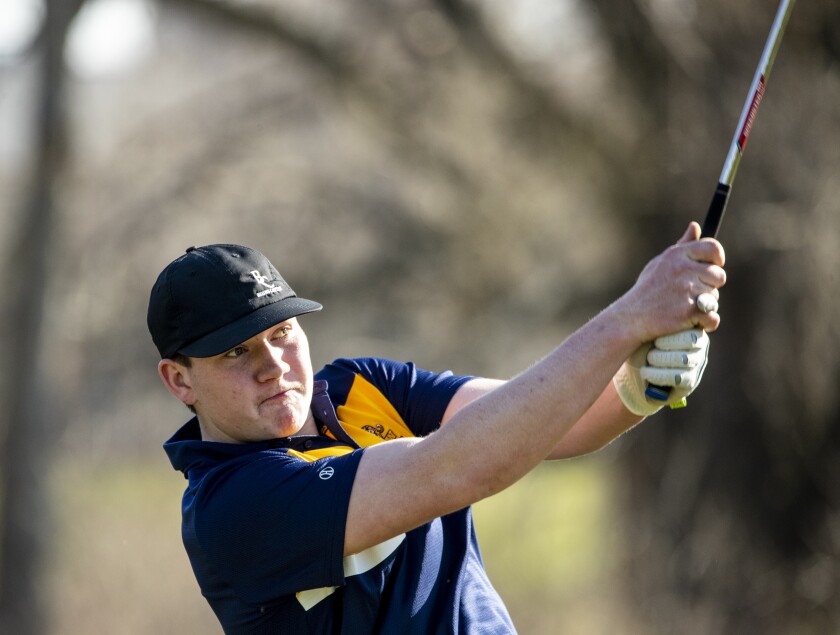 Hunter Bruns of Renville County West tees off during a Camden Conference boys and girls golf meet at Valley Golf Course Thursday, May 5, 2022, in Willmar.
