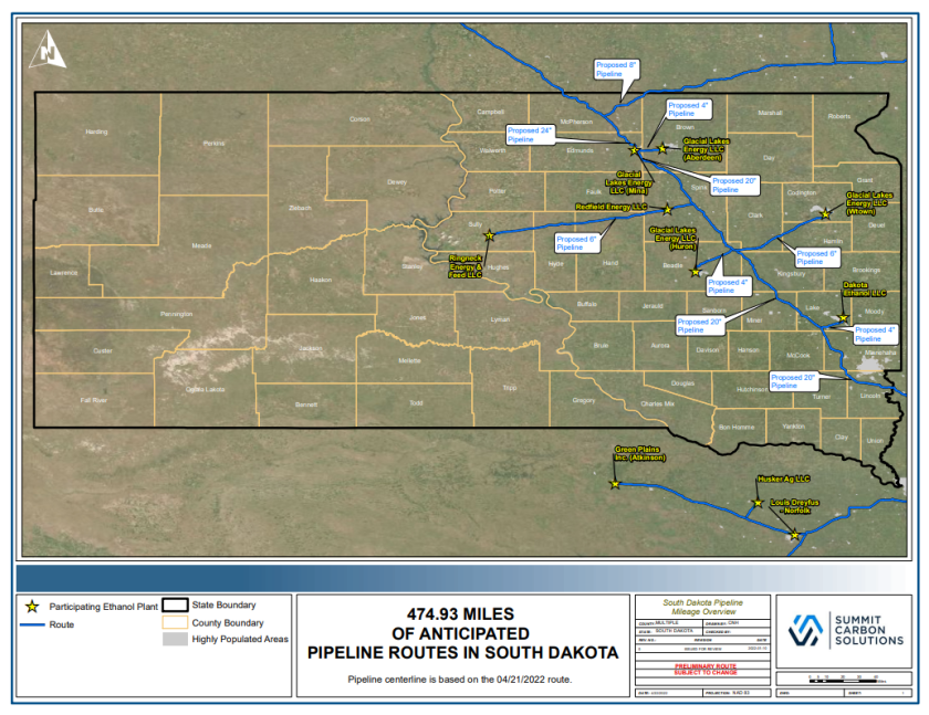 A map of the Summit Carbon Solutions proposed pipeline route through South Dakota.