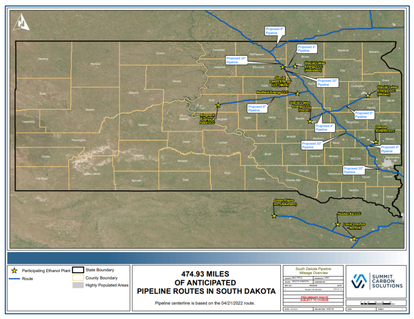 A map of the Summit Carbon Solutions proposed pipeline route through South Dakota. 