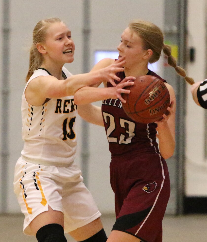 Edgeley-Kulm-Montpelier's Maren Berntson gets in the face of Ellendale's Macy Young (23) Monday during the District 5 tournament at the Jamestown Civic Center. John M. Steiner / The Sun
