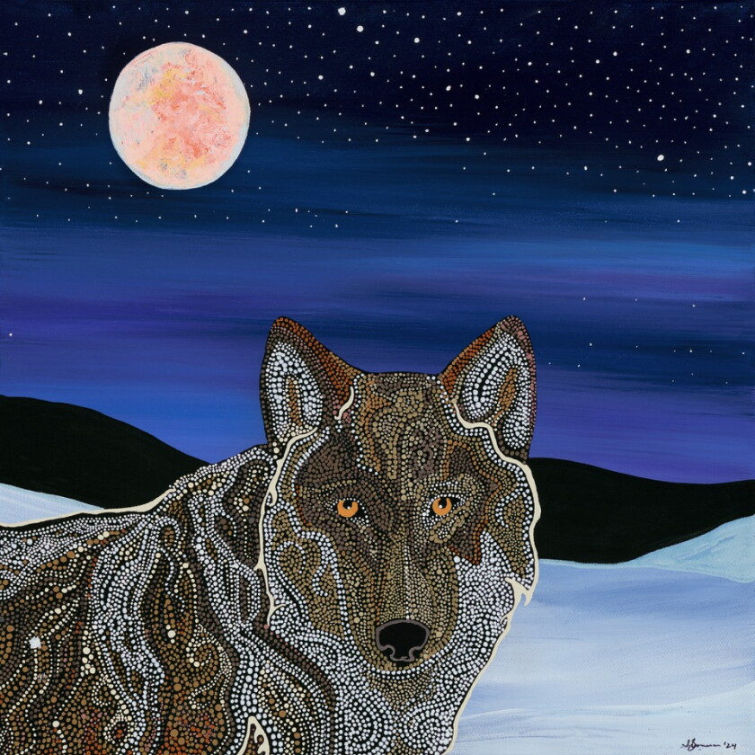 A painting of a wolf with amber eyes staring at the viewer with a snowy landscape and a bright moon behind it.