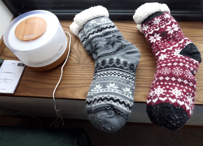 Socks sit on a shelf