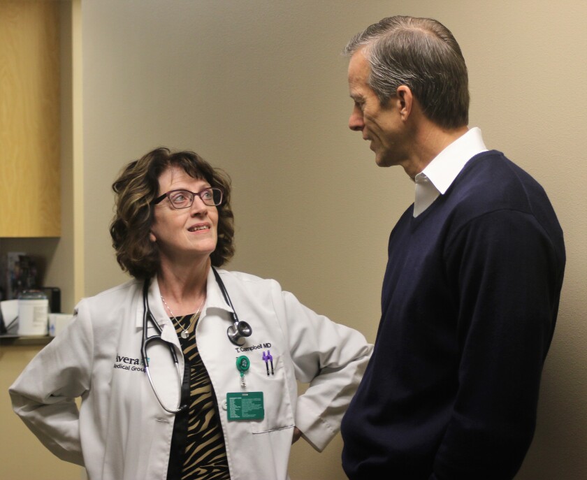 U.S. Sen. John Thune spoke Friday with Dr. Theresa Campbell at the Avara Family Health Center, which was completed nearly a year ago. (Sara Barts/Republic)