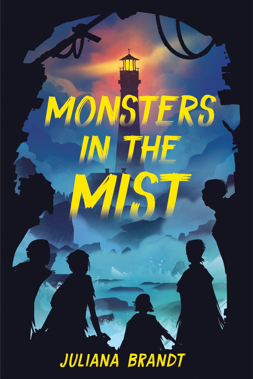 Book cover: Juliana Brandt's "Monsters in the Mist," featuring stylized illustration of lighthouse.